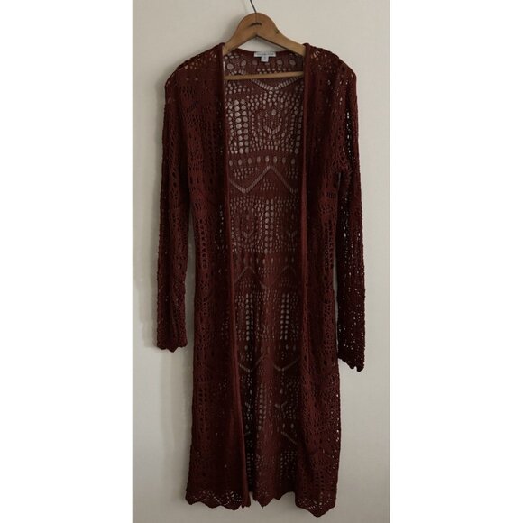Charlotte Russ Long Burgandy Crochet Knitted Sweater Long Duster Open Front S - Picture 2 of 9